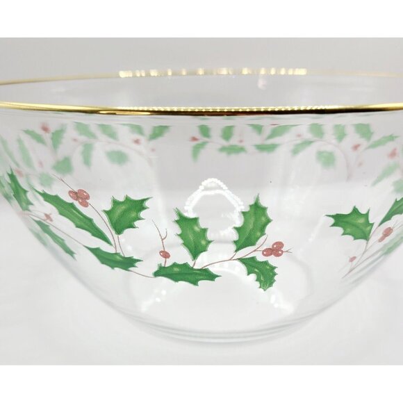 Lenox Arcoroc Christmas Holly Berry 9” Clear Glass Serving Bowl with Gold Trim - Picture 6 of 11